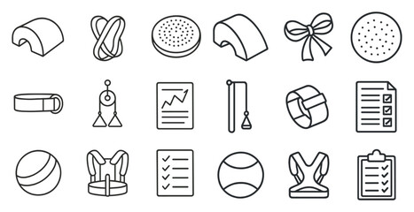 Collection of fitness and exercise related icons. The icons include a ball, a yoga mat, a wristband, a clipboard, a paper, a book, a ball, a wristband, a clipboard, a paper, a book