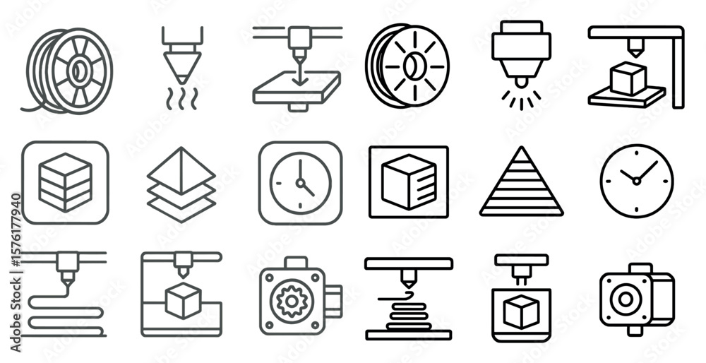 Fototapete Set of black and white icons that represent various machines and tools used in 3D printing. The icons include a 3D printer, a camera, a clock, and a cube. Scene is one of precision