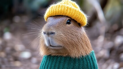 Close-up of a capybara wearing a yellow beanie and green sweater.