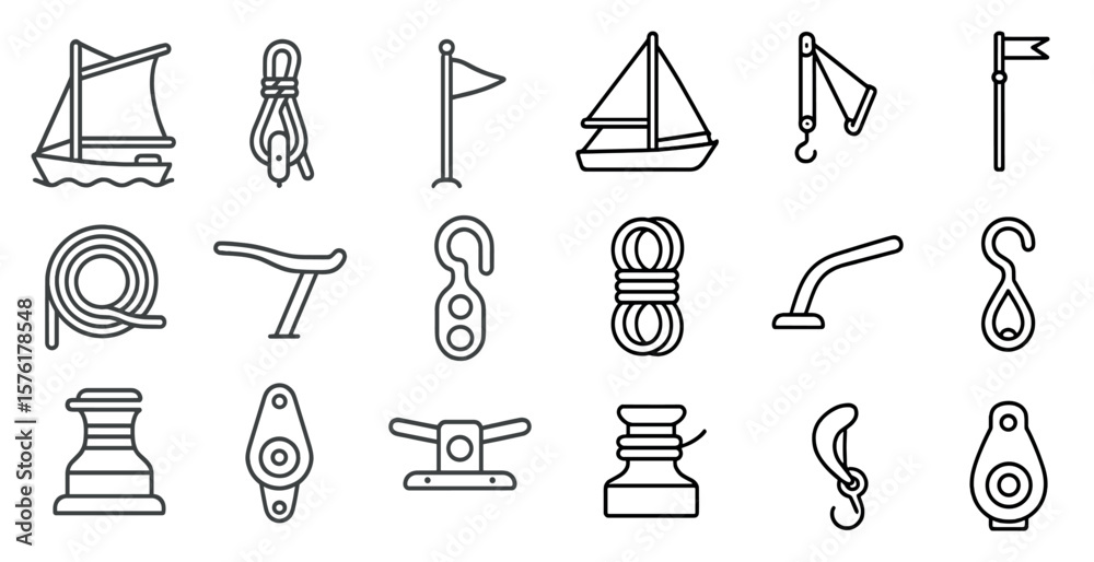 Poster collection of various objects and symbols related to sailing and boating. the objects include a boat
