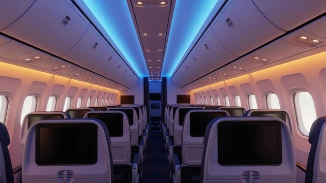 Interior view of an airplane cabin with empty seats and blue and orange ambient lighting