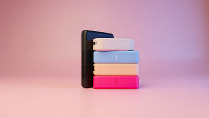 Black device and pastel colored cases stacked technology electronic device