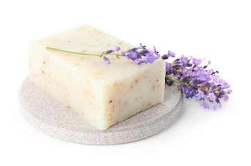 Soap bar and lavender flowers isolated on white