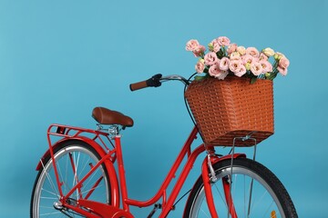 Bicycle with basket of beautiful flowers on light blue background