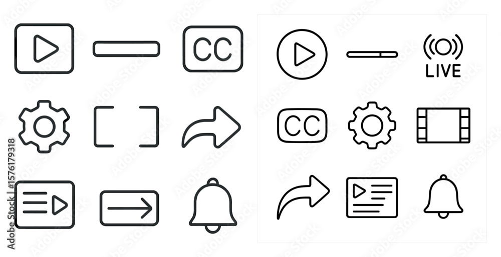 Poster Set of icons for a video editing software. The icons include a play button, a pause button, a record button, a copy button, a cut button, a crop button, a copy button, a play button