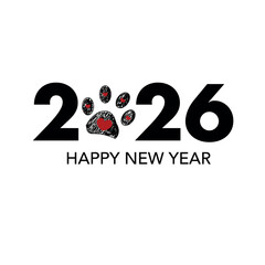 2026 text red paw prints. Christmas greeting card