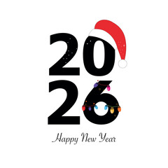 2026 text with colorful light bulb and santa claus hat. Happy newy year and merry christmas greeting card