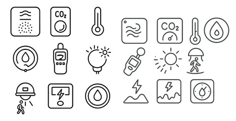 The image is a collection of icons that represent various weather conditions and devices. The icons include a thermometer, a rain gauge, a clock, a light, and a person. Scene is one of weather