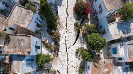 Fototapeta premium An aerial view of cracked ground between houses, highlighting environmental impact and urban decay in a once vibrant neighborhood.
