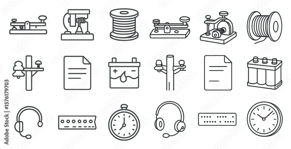 Poster collection of various objects and symbols, including clocks, wires, and paper. scene is one of organ