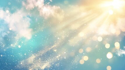 Naklejka premium Blurred blue sky background with bokeh light effect, sun rays, and clouds; bright, airy, and in pastel colors, perfect for abstract banner design with space for text, copy area