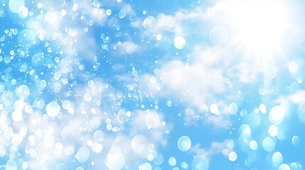 Blurred blue sky background with bokeh light effect, sun rays, and clouds; bright, airy, and in pastel colors, perfect for abstract banner design with space for text, copy area