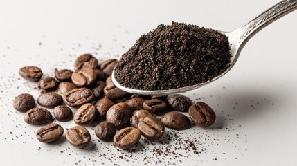 Close-up of coffee beans and ground coffee in a spoon, showcasing rich textures and colors for food-related visuals.