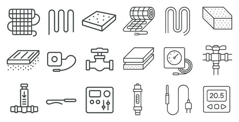 Collection of various items related to plumbing and heating. The items include pipes, valves, gauges, and other tools. Scene is one of organization and efficiency