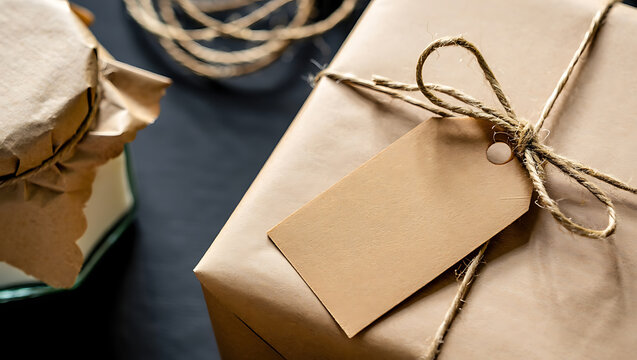 Brown paper wrapped gift with twine and tag present string