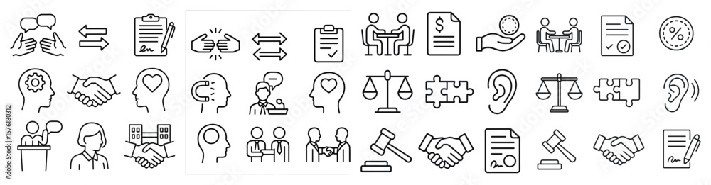 Poster series of icons that represent different professions and concepts. the icons include a handshake, a 