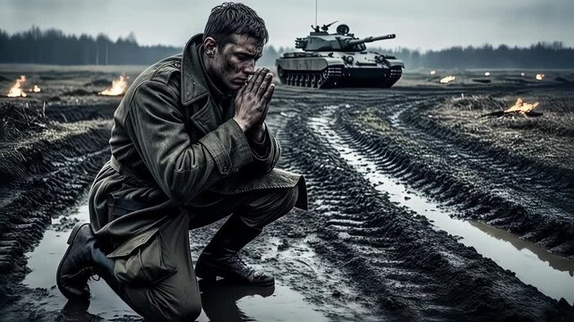 Soldier kneels in prayer on a war-torn battlefield with a tank and fires in the background