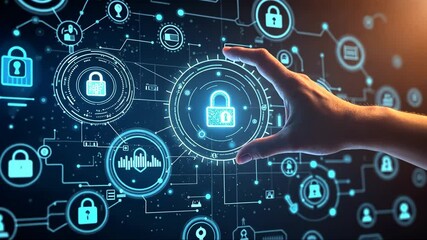 AI technology interface with futuristic icons and glowing elements background. Human hand pointing to holographic icons - Powered by Adobe