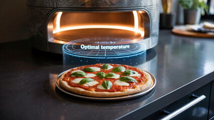 Margherita pizza cooking in modern oven basil mozzarella