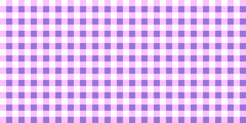 Seamless purple pink colored gingham pattern. Checkered textile texture. Classic lavender tones plaid fabric design cover, vichy print background for picnic tablecloth, clothing, wrapping paper.