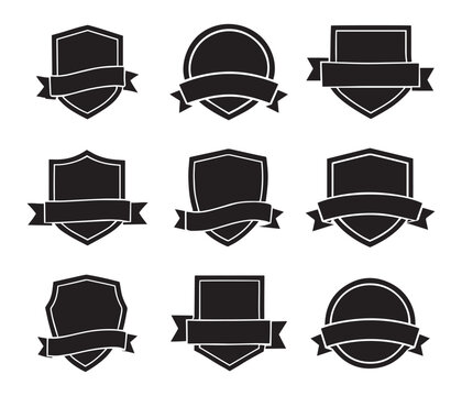 set of blank black shield and circle badge logo templates with banners