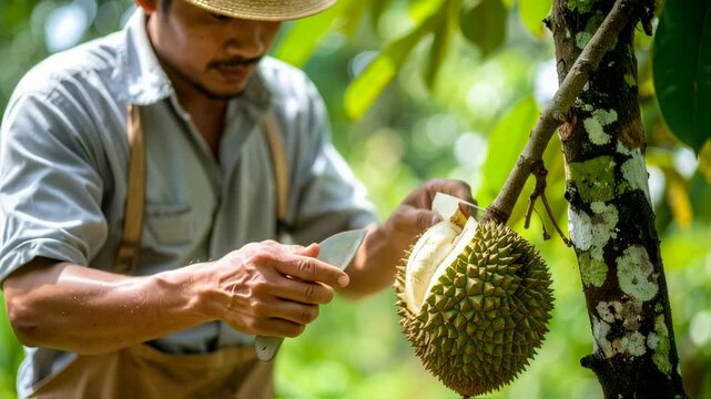 Farmer harvests durian fruit in orchard with Southeast Asia.
