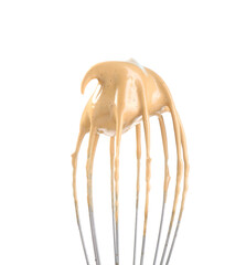 Making delicious dalgona coffee. Whisk with cream isolated on white