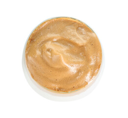 Delicious dalgona coffee in glass isolated on white, top view