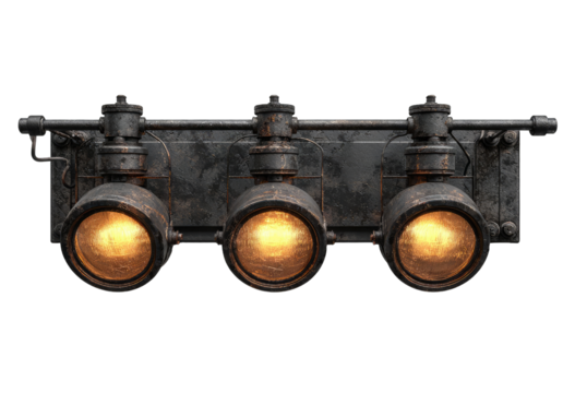 Industrial-style wall light with three rusty, round lamps