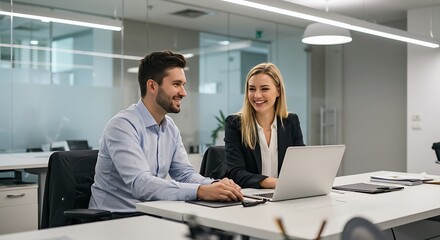 
Collaboration between two happy business professionals in a modern office, analyzing data on a laptop, symbolizing teamwork, success, and productive partnership