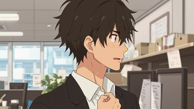 オフィスで仕事をするアニメ調の日本人男性