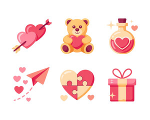 Collection of cute valentine s day icons including hearts teddy bear potion paper plane puzzle and gift isolated on transparent background