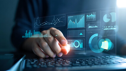 Futuristic digital interface displaying financial charts and graphs technology data