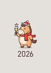 A cute cartoon horse in a Santa hat celebrates with a glass of champagne. Festive vertical card for New Year's Eve party and 2026, the Year of the Horse. Vector illustration for a cheerful holiday