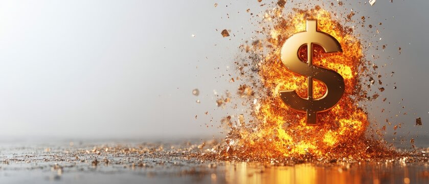 Gold dollar sign exploding in flames on a metallic surface. - Powered by Adobe