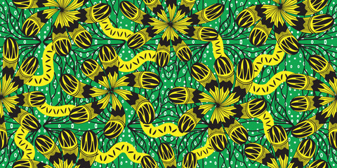 African pattern. ethnic traditional green pattern. seamless beautiful Kitenge, chitenge, Ankara style. fashion design. Geometric floral abstract motif. Yellow Floral Ankara prints, African wax prints © Choltita