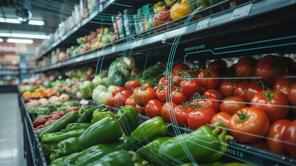 Vibrant fresh produce display with digital overlay