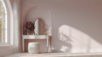 A serene, sunlit vanity area with soft pink walls and a white dressing table.