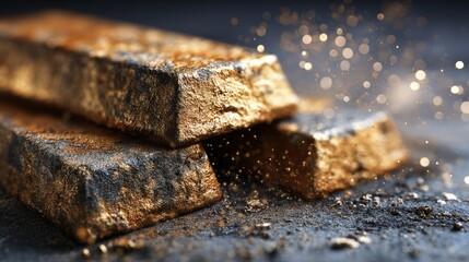 Close-up of gold ingots on a dark surface.