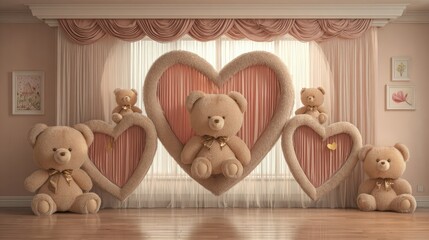 Teddy bears nestled in heart-shaped window displays.
