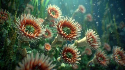 Detailed close-up of many vibrant, exotic flowers.