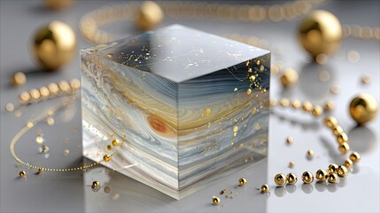A cube of transparent resin showcasing a marbled design.