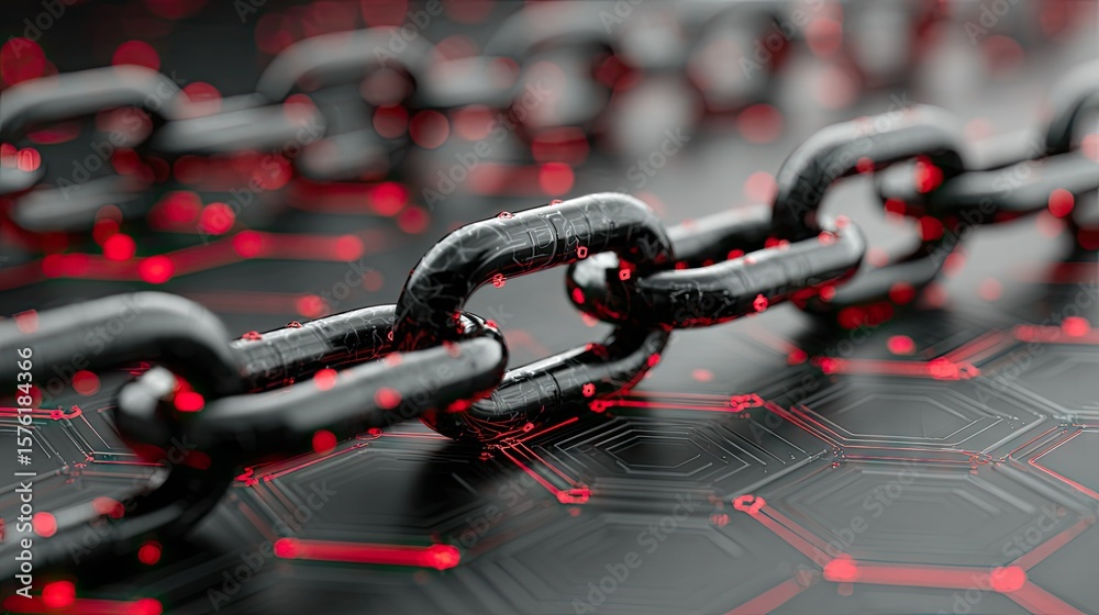 Fototapete a digital rendering of a chain on a technological grid.