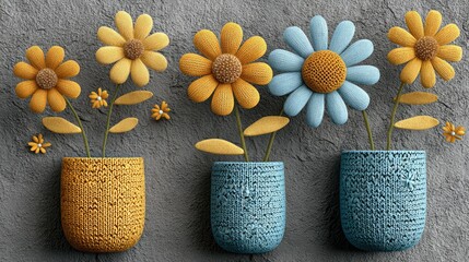 Knitted flower pots with colorful flowers against a gray wall.
