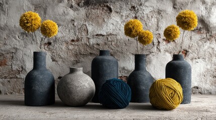 Decorative vases and yarn balls with yellow flowers.