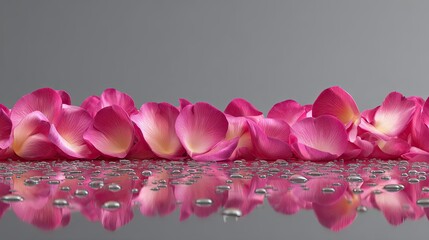 Pink rose petals on a reflective surface with water droplets.