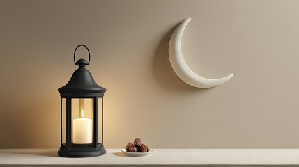 Black lantern with a crescent moon decorates a beige wall.