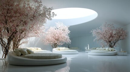 Serene circular beds surrounded by flowering trees in a modern, light-filled space.