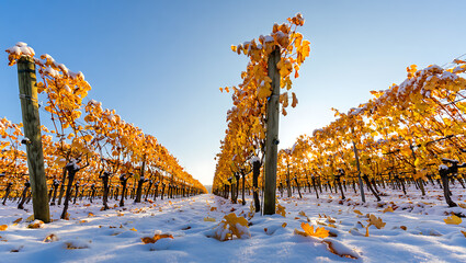 Golden vineyard rows dusted with fresh snow under clear blue sky autumn winter