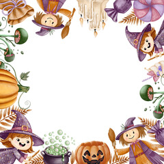 Cute Halloween frame with kids in witch costumes, pumpkins, candies, candles, and magic potion elements. Hand-painted in watercolor style, perfect for festive invitations and seasonal decor.